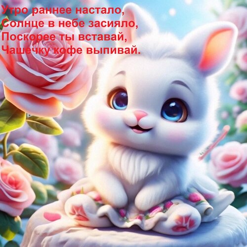 Открытка Утро раннее настало, Солнце в небе засияло, Поскорее ты вставай, Чашечку кофе выпивай.