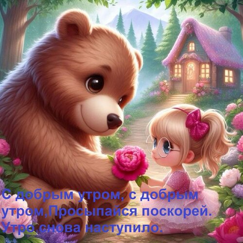 Открытка С добрым утром, с добрым утром, Просыпайся поскорей. Утро снова наступило.
