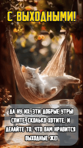 Анимированная открытка С выходными! Да ну их, эти добрые утры! Спите, сколько хотите и делайте то, что вам нравится. Выходные же!