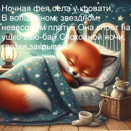 Открытка Ночная фея села у кровати, В волшебном, звездном, невесомом платье. Она споет на ушко баю-бай, Споко