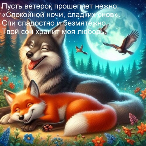 Открытка Пусть ветерок прошепчет нежно: «Спокойной ночи, сладких снов». Спи сладостно и безмятежно, Твой сон