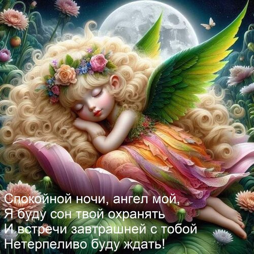 Открытка Спокойной ночи, ангел мой, Я буду сон твой охранять И встречи завтрашней с тобой Нетерпеливо буду жд