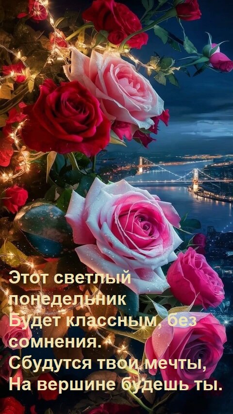 Открытка Этот светлый понедельник Будет классным, без сомнения. Сбудутся твои мечты, На вершине будешь ты.