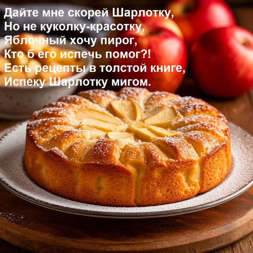 Открытка Дайте мне скорей шарлотку, но не куколку-красотку, яблочный хочу пирог, кто б его испечь помог?!