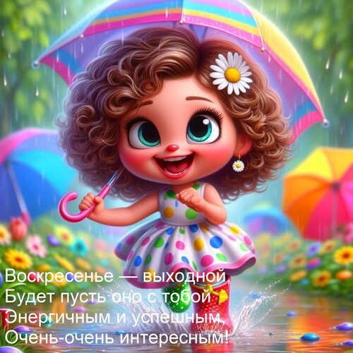 Открытка Воскресенье — выходной, Будет пусть оно с тобой Энергичным и успешным, Очень-очень интересным!