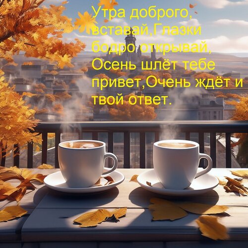 Открытка Утра доброго, вставай, глазки бодро открывай, осень шлёт тебе привет, очень ждёт и твой ответ.