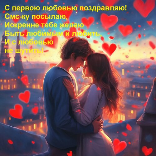 Открытка С первою любовью поздравляю! Смс-ку посылаю, искренне тебе желаю быть любимым и любить...