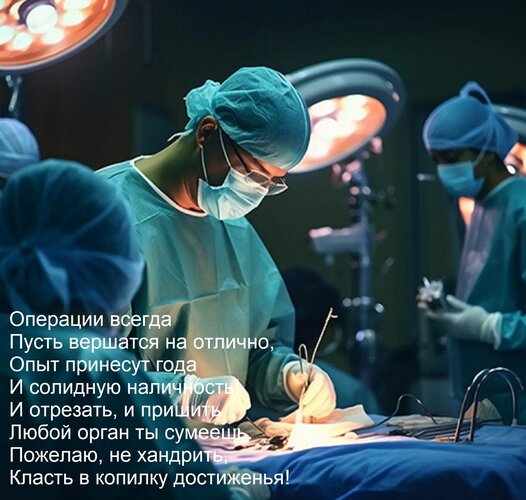 Открытка Операции всегда Пусть вершатся на отлично, Опыт принесут года И солидную наличность! И отрезать, и п
