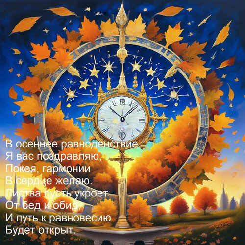Открытка В осеннее равноденствие, я вас поздравляю. Покоя, гармонии в сердце желаю. Листва пусть укроет от бед...е