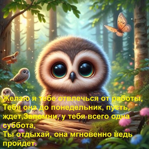 Открытка Желаю я тебе отвлечься от работы, тебя она до понедельника, пусть, ждет. Запомни, у тебя всего одна суббота...
