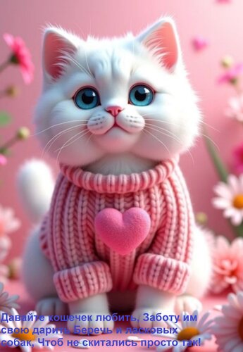 Открытка Давайте кошечек любить, заботу им свою дарить. Беречь и ласковых собак, чтоб не скитались просто так!