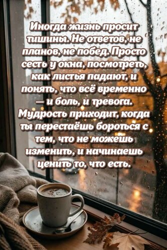 Открытка Иногда жизнь просит тишины. Не ответов, не планов, не побед. Просто сесть у окна, посмотреть, как...