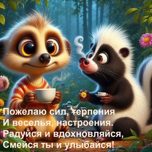Открытка Пожелаю сил, терпения и веселья, настроения. Радуйся и вдохновляйся, смейся ты и улыбайся!