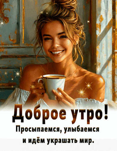 Анимированная открытка Доброе утро! Просыпаемся, улыбаемся и идём украшать мир.