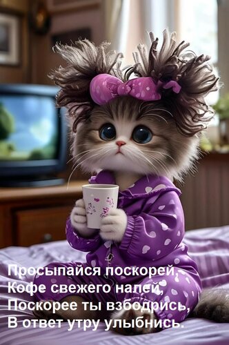 Открытка Просыпайся поскорей, Кофе свежего налей, Поскорее ты взбодрись, В ответ утру улыбнись.