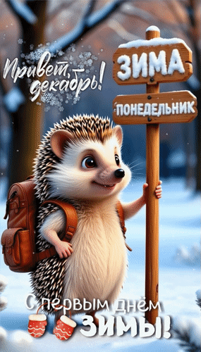 Анимированная открытка Привет, Декабрь! Зима. Понедельник. С первым днём зимы!