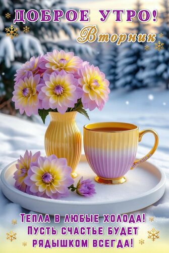 Открытка Доброе утро! Вторник. Тепла в любые холода! Пусть счастье будет рядышком всегда!