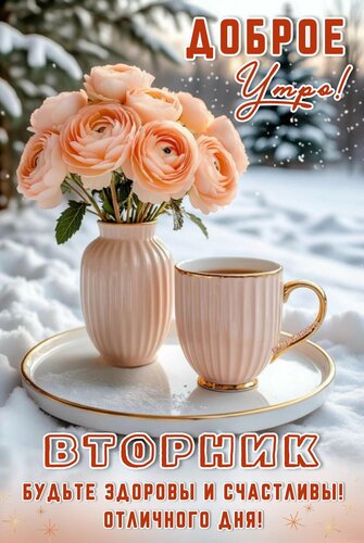 Открытка Доброе утро! Вторник. Будьте здоровы и счастливы! Отличного дня!