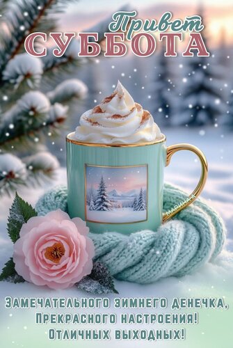 Открытка Привет суббота. Замечательного зимнего денечка, прекрасного настроения! Отличных выходных!