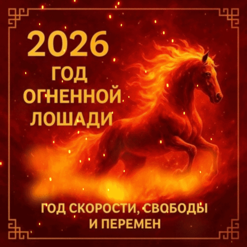 Анимированная открытка 2026 год Огненной Лошади. Год скорости, свободы и перемен