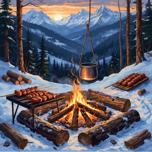 Открытка Шашлыки, костер, чай