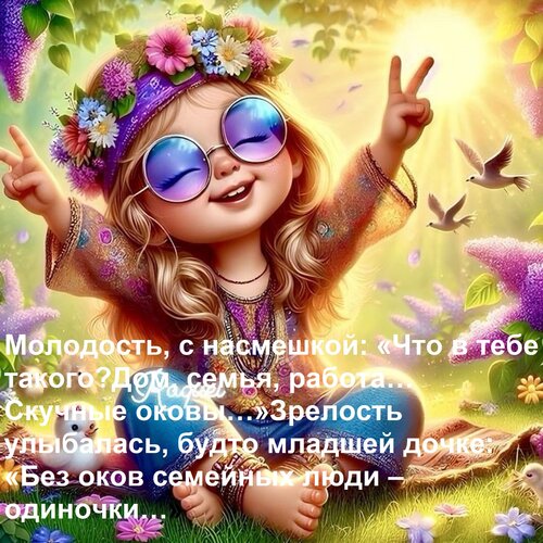 Открытка Молодость, с насмешкой: «Что в тебе такого? Дом, семья, работа… Скучные оковы…» Зрелость улыбалась,