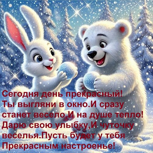 Открытка Сегодня день прекрасный! Ты выгляни в окно и сразу станет весело, и на душе тепло! Дарю свою улыбку