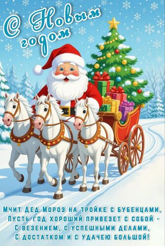 Открытка С Новым годом! Мчит Дед Мороз на тройке с бубенцами, пусть год хороший привезет с собой.