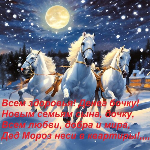 Открытка Всем здоровья! Денег бочку! Новым семьям сына, дочку, Всем любви, добра и мира, Дед Мороз неси в квартиры