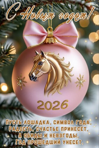 Открытка С Новым годом! Пусть Лошадка, символ года, радость, счастье принесет, а обиды и невзгоды, год прошедший унесет.