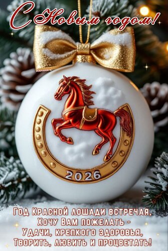 Открытка С Новым Годом! Год Красной Лошади встречая, хочу вам пожелать - удачи, крепкого здоровья, творить, любить и процветать!