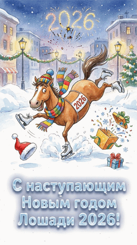 Анимированная открытка С наступающим Новым годом Лошади 2026!