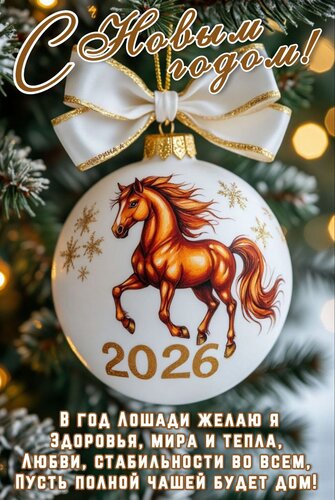 Открытка С Новым годом! В год Лошади желаю я здоровья, мира и тепла, любви, стабильности во всем...