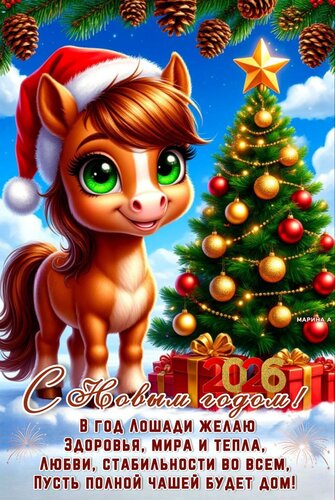 Открытка С Новым годом! В год Лошади желаю здоровья, мира и тепла, любви, стабильности во всем.