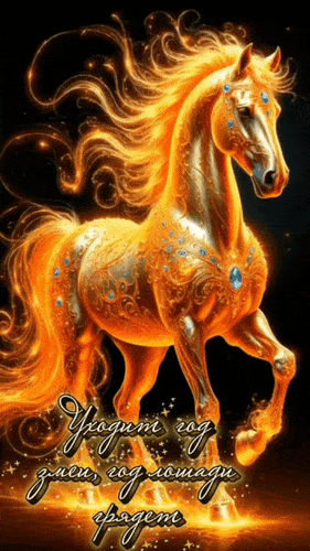 Анимированная открытка Уходит год змеи, год лошади грядет. Откройте двери, он несет: удачу, счастье и доход!