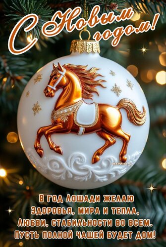 Открытка С Новым годом! В год Лошади желаю здоровья, мира и тепла, любви, стабильности во всем. 