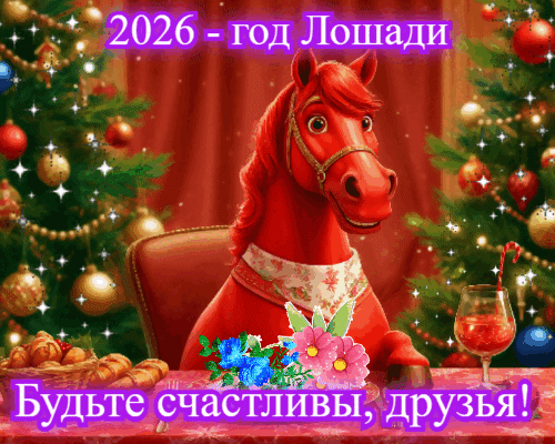 Анимированная открытка 2026 - год Лошади. Будьте счастливы, друзья!