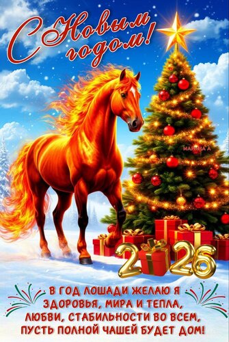 Открытка С Новым годом! В год Лошади желаю я здоровья, мира и тепла, любви, стабильности во всем...