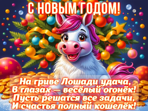 Открытка С Новым Годом! На гриве Лошади удача, в глазах -веселый огонек!....