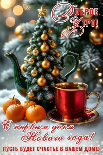 Открытка Доброе утро! С первым днем Нового года! Пусть будет счастье в вашем доме!