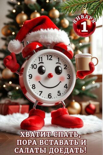 Открытка 1 Января. Хватит Спать, ПОРА Вставать И Салаты Доедать!