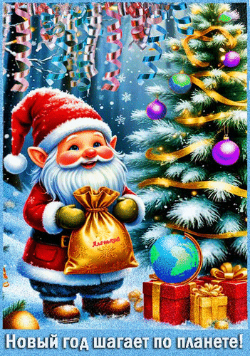 Анимированная открытка Новый год шагает по планете!