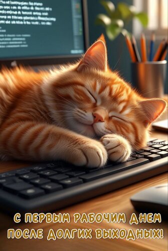 Открытка С ПЕРВЫМ РАБОЧИМ ДНЕМ ПОСЛЕ ДОЛГИХ ВЫХОДНЫХ!