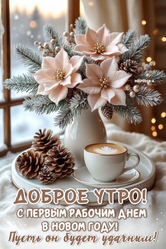 Открытка ДОБРОЕ УТРО! С ПЕРВЫМ РАБОЧИМ ДНЕМ В НОВОМ ГОДУ! ПУСТЬ ОН БУДЕТ УДАЧНЫМ!