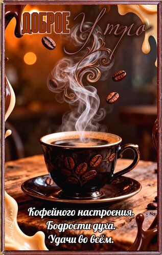 Открытка Доброе утро. Кофейного настроения. Бодрости духа. Удачи во всём.