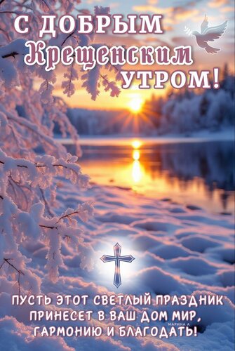 Открытка С ДОБРЫМ КРЕЩЕНСКИМ УТРОМ! ПУСТЬ ЭТОТ СВЕТЛЫЙ ПРАЗДНИК ПРИНЕСЕТ В ВАШ ДОМ МИР, ГАРМОНИЮ И БЛАГОДАТЬ!