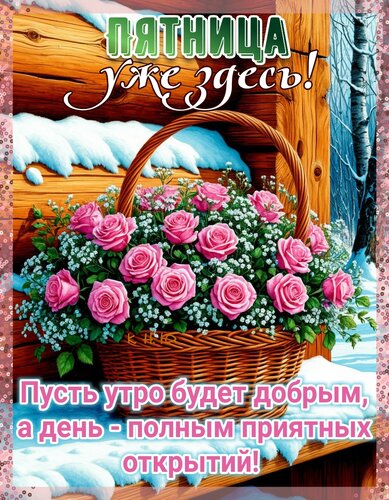Открытка Пятница уже здесь. Пусть утро будет добрым, а день - полным приятных открытий.