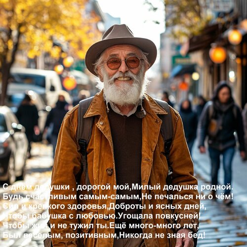 Открытка С днём дедушки , дорогой мой, Милый дедушка родной. Будь счастливым самым-самым, Не печалься ни о чё