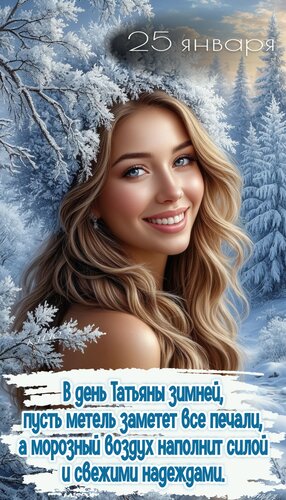 Открытка В день Татьяны зимней пусть метель заметёт все печали, а морозный воздух наполнит силой и свежими...