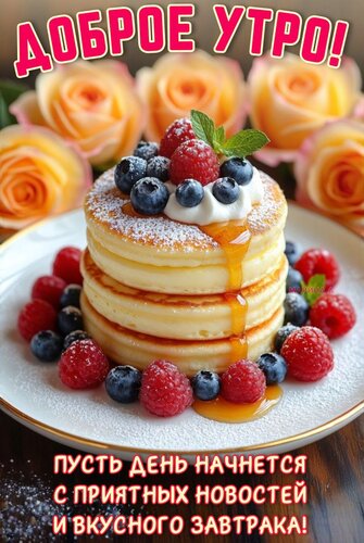Открытка ДОБРОЕ УТРО! ПУСТЬ ДЕНЬ НАЧНЕТСЯ С ПРИЯТНЫХ НОВОСТЕЙ И ВКУСНОГО ЗАВТРАКА!